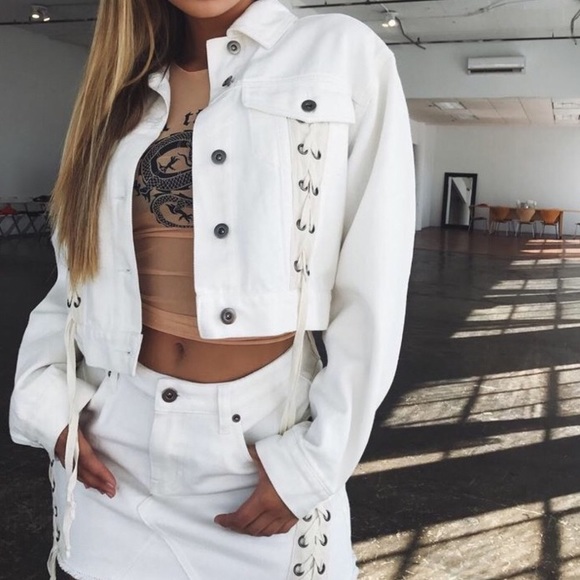 white denim jacket and skirt set